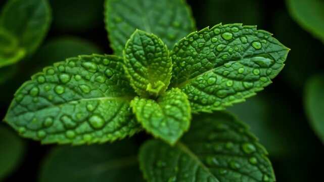 Closeup of bright green mint leaves covered with water droplets