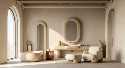 Beige, arched bathroom with oval mirror and tub