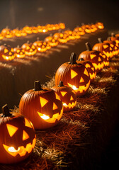 A Glowing Procession of Carved Jack-o'-Lanterns on Hay at Night