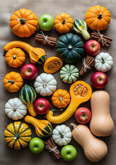 Rustic Tapestry of Autumn's Bounty: A Colorful Flat Lay of Gourds, Apples, and Spice.