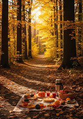 Golden Hour Picnic: An Autumnal Feast on a Sun-Kissed Forest Path