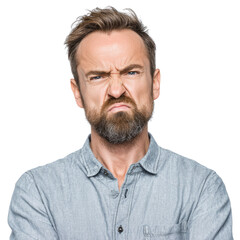 Obraz premium A man with a beard makes a disgusted face, showing displeasure or dislike. background removed