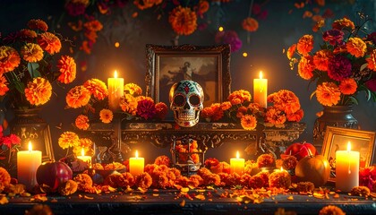 A mesmerizing Dia de los Muertos ofrenda glows warmly, featuring a central skull surrounded by an explosion of orange marigolds and countless candles