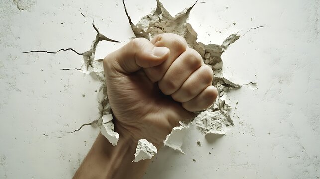 Clenched fist punching through a white wall creating cracks and debris, symbolizing power