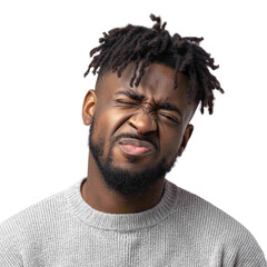 Obraz premium Close-up portrait of a young Black man with dreadlocks making a disgusted face. background removed