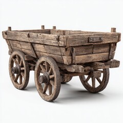 Obraz premium Aged wooden wagon, back view. Rustic, weathered, and simple cart with two large wooden wheels. Wooden planks create a boxy cargo bed