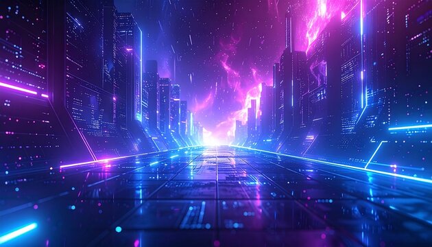 Futuristic city skyline with vibrant neon lights and digital grid patterns, evoking a sense of advanced technology and urban exploration