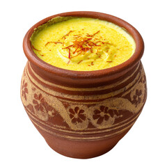 A terracotta pot filled with creamy yellow lassi, garnished with saffron. background removed