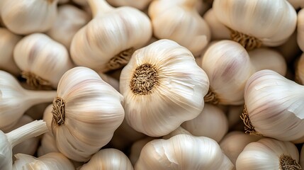 Heap of fresh garlic bulbs showing detailed texture and shape of the cloves