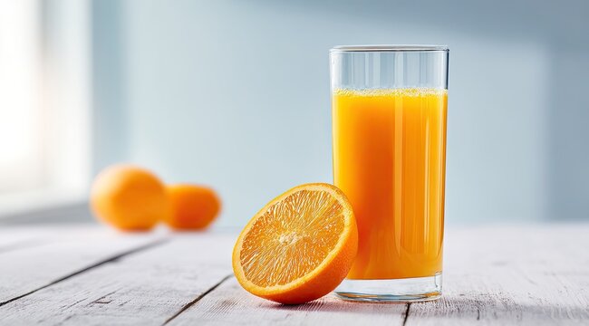 Fresh orange juice in glass, beside orange slices