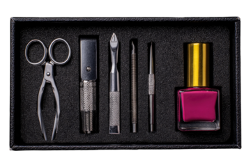 A professional manicure set with tools and fuchsia nail polish in a black box. background removed