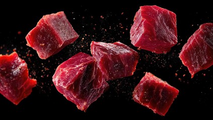 Cubes of raw beef, suspended in mid-air, against a black background. A sprinkle of red spice is visible