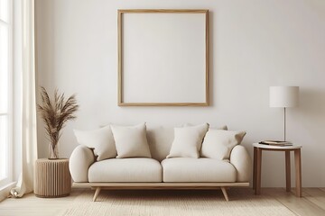 Modern living room interior with blank frame, couch, lamp, and pampas grass