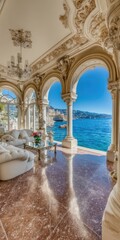 Luxurious indoor-outdoor space with breathtaking ocean views, showcasing ornate architecture and elegant furnishings.