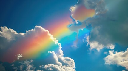 Vibrant Rainbow Over Green Meadow: Colorful Nature Illustration with Sun, Clouds & Blue Sky