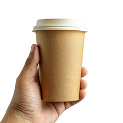 A hand holds a brown paper coffee cup with a white lid against a transparent background. background removed