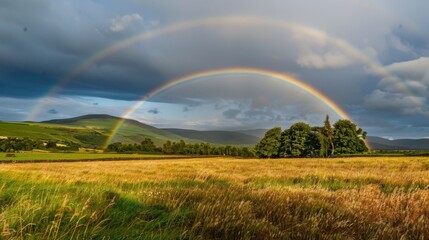 Obraz premium Vibrant Rainbow Over Green Meadow: Colorful Nature Illustration with Sun, Clouds & Blue Sky