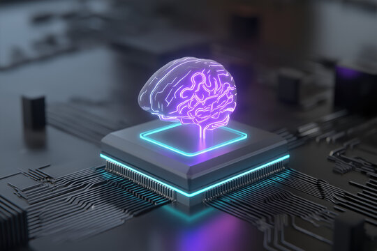 High-fidelity AI core emerging from microchip with neon purple & cyan glow and abstract neural network background