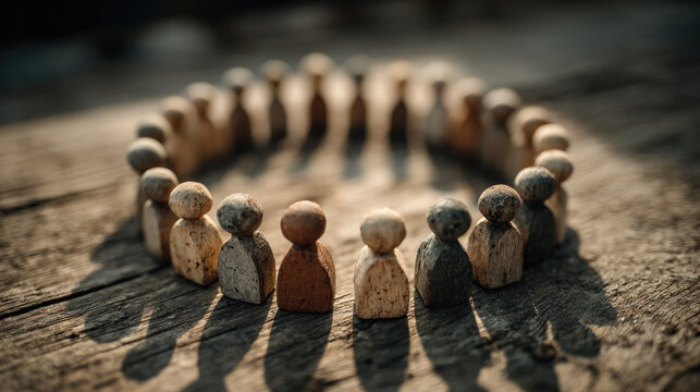 Wooden figurines form a circular ring on a sunlit surface, creating a warm, symbolic portrait of unity, teamwork, and shared support, and resilience in quiet light. - Powered by Adobe