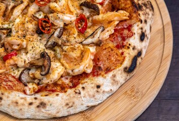 The best pizza in the world, Brazilian shrimp pizza with shiitake mushrooms and red pepper.