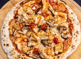 The best pizza in the world, Brazilian shrimp pizza with shiitake mushrooms and red pepper.