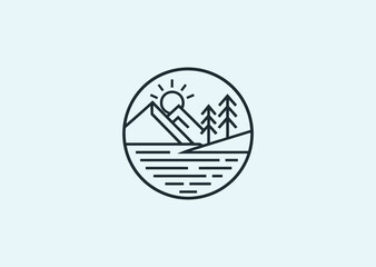 A line art lake logo, symbolizing tranquility, nature, reflection, and calm balance