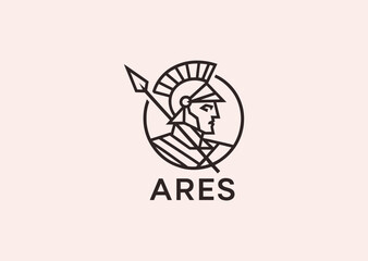 A geometric line art logo of Ares, god of war, symbolizing strength, battle, power, and strategy