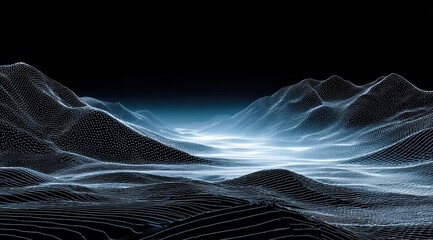Digital landscape, wireframe mountains. Vast, dark background, light-blue mist valley between peaks. Abstract, graphic