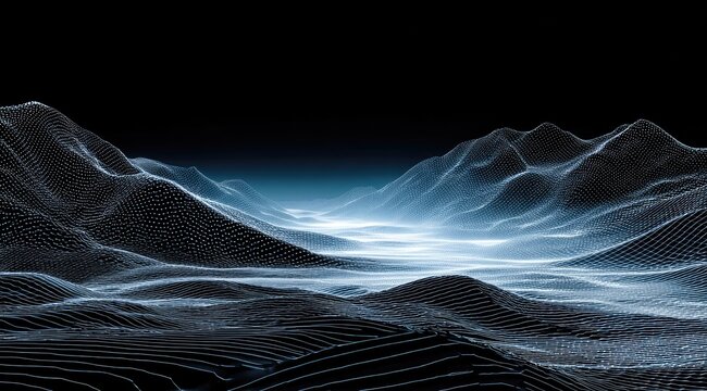 Digital landscape, wireframe mountains.  Vast, dark background, light-blue mist valley between peaks.  Abstract, graphic