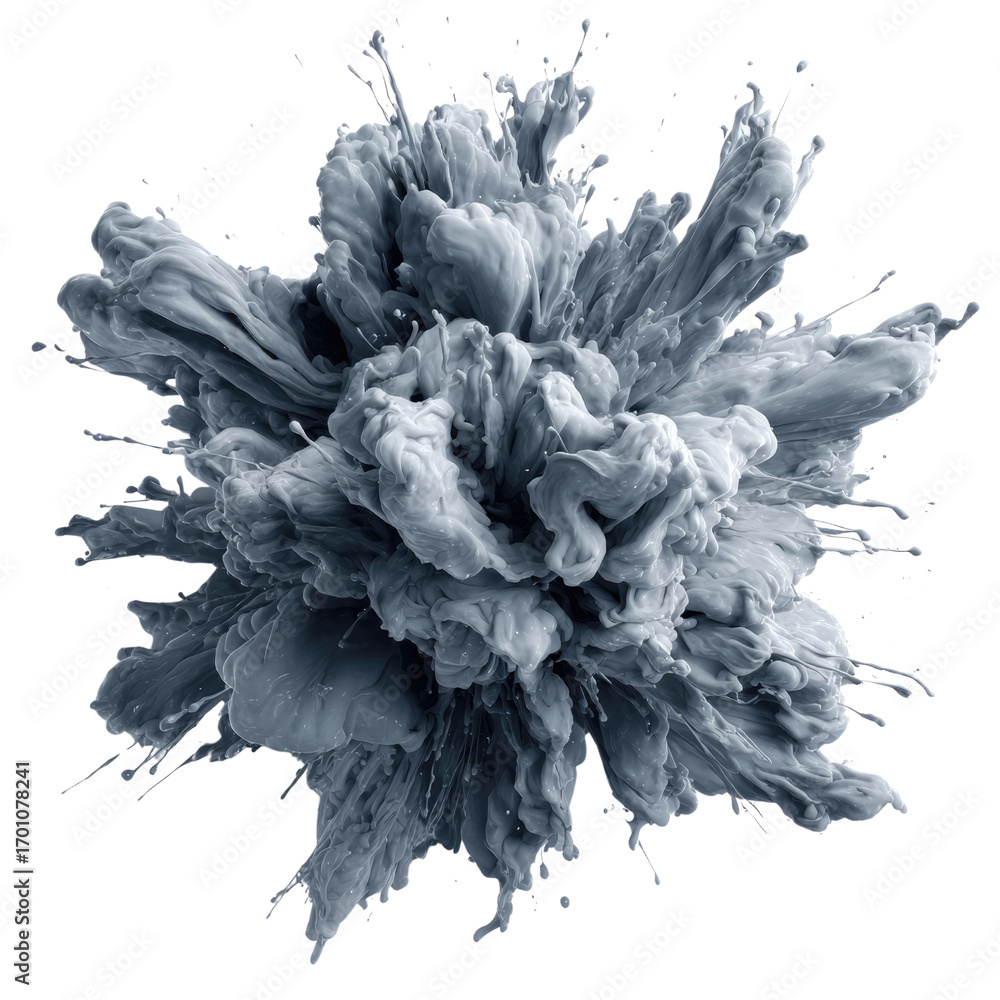 Poster abstract gray paint explosion, dynamic splash isolated on transparent background, artistic 3d render