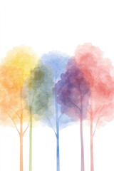 Watercolor trees in pastel hues form a delicate, dreamy landscape with soft transparency and light blending; a serene, artistic nature scene for lifestyle and design use.