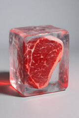 Raw beef steak frozen inside block of ice on gray background