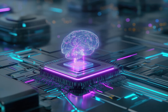 High-fidelity AI core emerging from microchip with neon purple & cyan glow and abstract neural network background