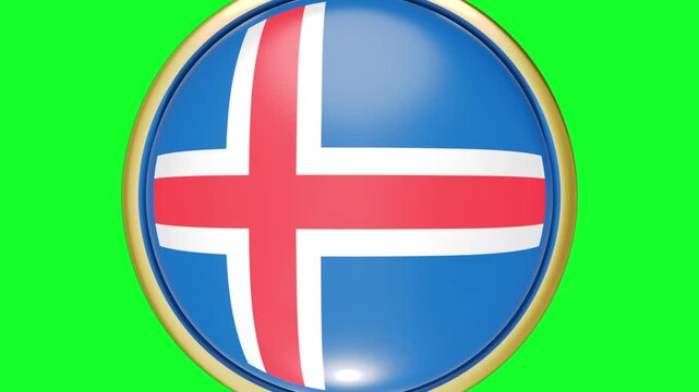 3D animation of a badge with a Iceland country flag rotating around an axis and zooming in on the whole screen. 3D transition on a green background for editing