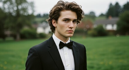 Formal Portrait of a Young Man in a Black Tuxedo with a Bow Tie, Outdoors with a Soft Green Background