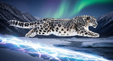 A majestic snow leopard leaps across a frozen landscape under the vibrant aurora borealis.
