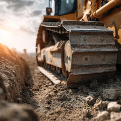 Fototapeta premium Close-up view of a heavy construction bulldozer track on a dirt construction site at sunset, with machinery in the background working on a new project