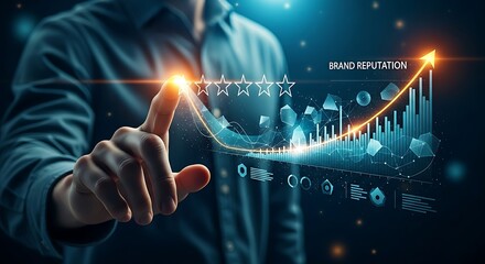 Positive feedback and brand reputation concept. A hand touches a 5-star rating, which emits a wave of light that raises a "Brand Reputation" graph.