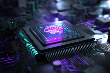 High-fidelity AI core emerging from microchip with neon purple & cyan glow and abstract neural network background