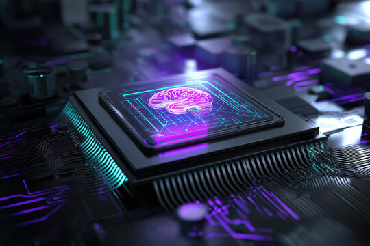 High-fidelity AI core emerging from microchip with neon purple & cyan glow and abstract neural network background