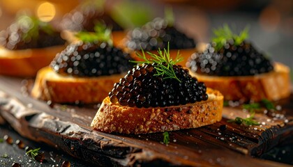 A macro view of luxurious caviar on bread as seasoning is sprinkled from above, captured with a bokeh background in a cinematic shot with the camera circling from left to right and dramatic lighting