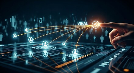 Viral marketing concept. A "share" icon is touched, and light lines spread to a growing network of people icons with the word "VIRAL."