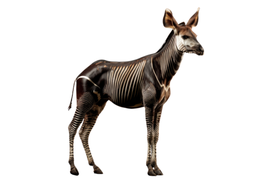 A young okapi stands against a transparent background, showcasing its unique zebra-like stripes. background removed