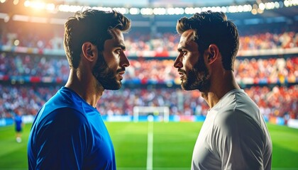 Two soccer players face each other intensely on the field as the stadium crowd cheers and waves flags, captured in a slow cinematic zoom with dramatic lighting highlighting the fierce rivalry