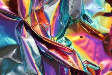 Vibrant abstract texture of crinkled holographic foil reflecting a spectrum of dazzling colors