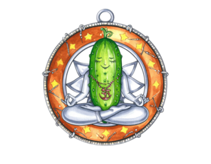 Meditating Pickle Cartoon in Starry Frame.