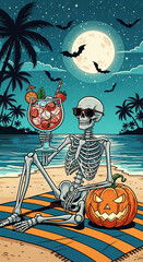 Skeleton relaxing on beach with pumpkin and cocktail under full moon. A whimsical illustration with vibrant colors and bold lines. Halloween getaway, spooky season, tropical vacation.