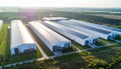 Top-angle drone view of multiple warehouses as the camera pans forward, soaring above the structures in a cinematic shot with dramatic lighting, capturing the industrial scale and architectural detail