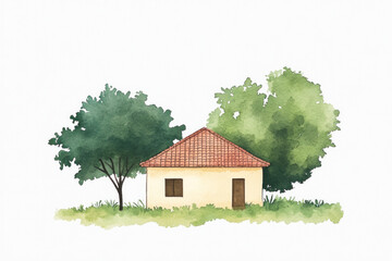 Watercolor illustration of a small rustic house with a red tiled roof, nestled beside leafy trees and soft grass, evoking a gentle countryside scene full of charm and simplicity.