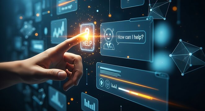 Instant customer support and chatbot concept. A hand touches a "help" icon, and a friendly chatbot avatar instantly appears with a greeting. - Powered by Adobe